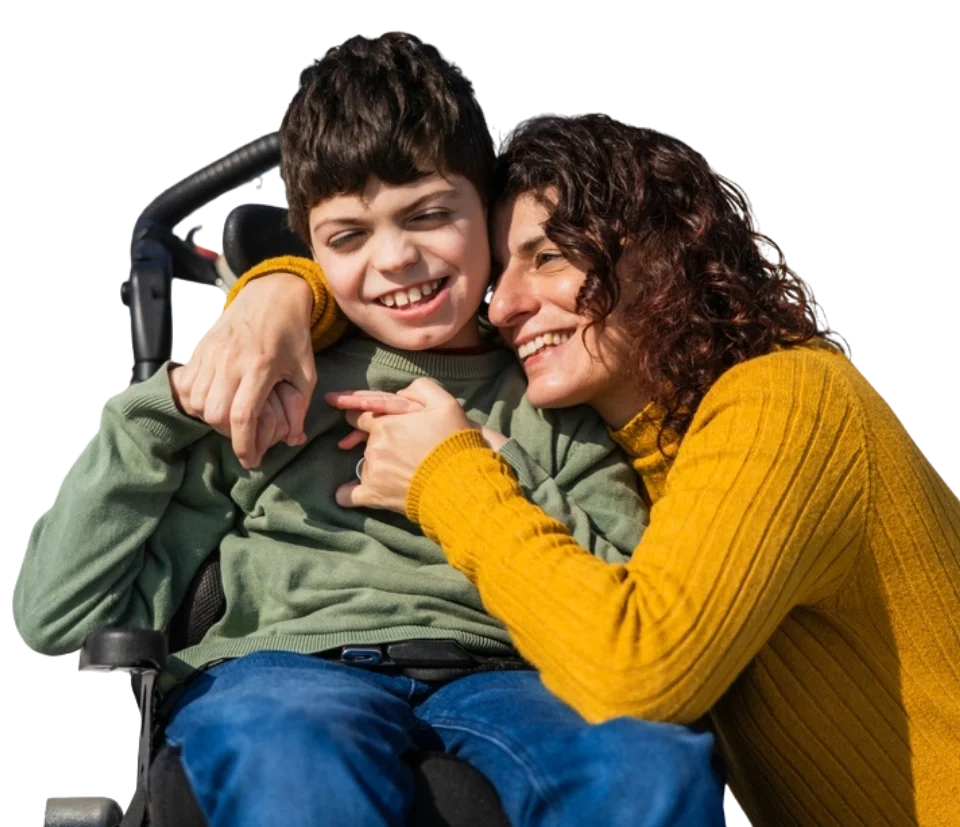 mother hugging her disabled down syndrome son